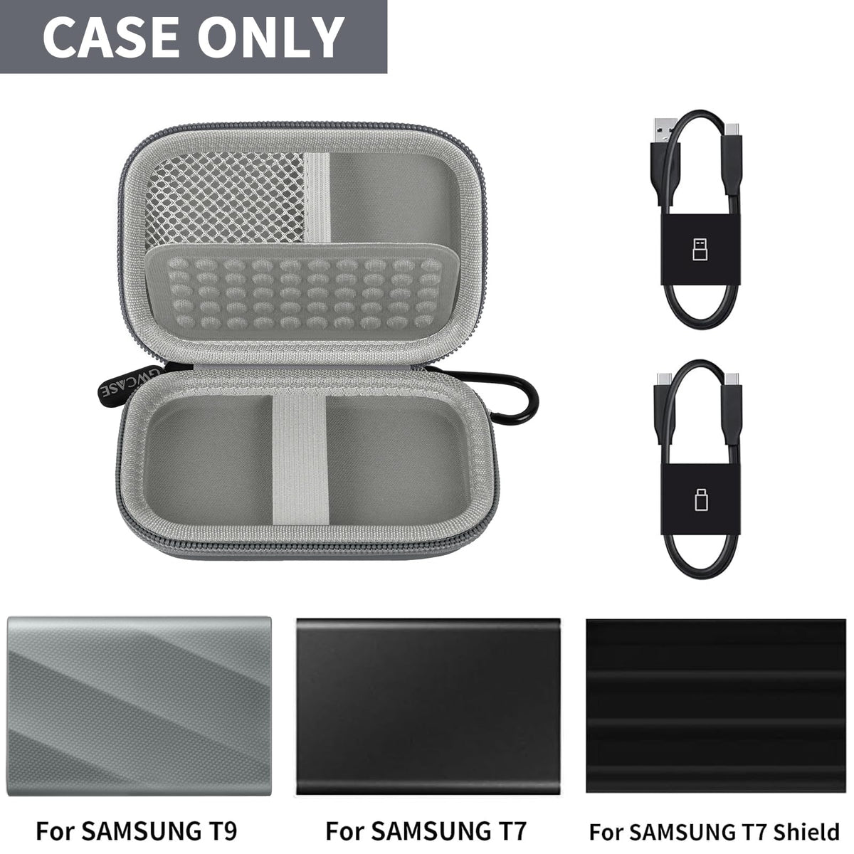 Open gray for Samsung T7 and T9 portable SSD case with mesh pocket and elastic straps; case only