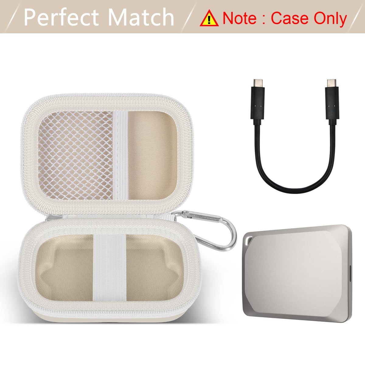 Open ivory for Crucial X9 and X10 portable SSD case with mesh cable pocket and elastic strap; case only