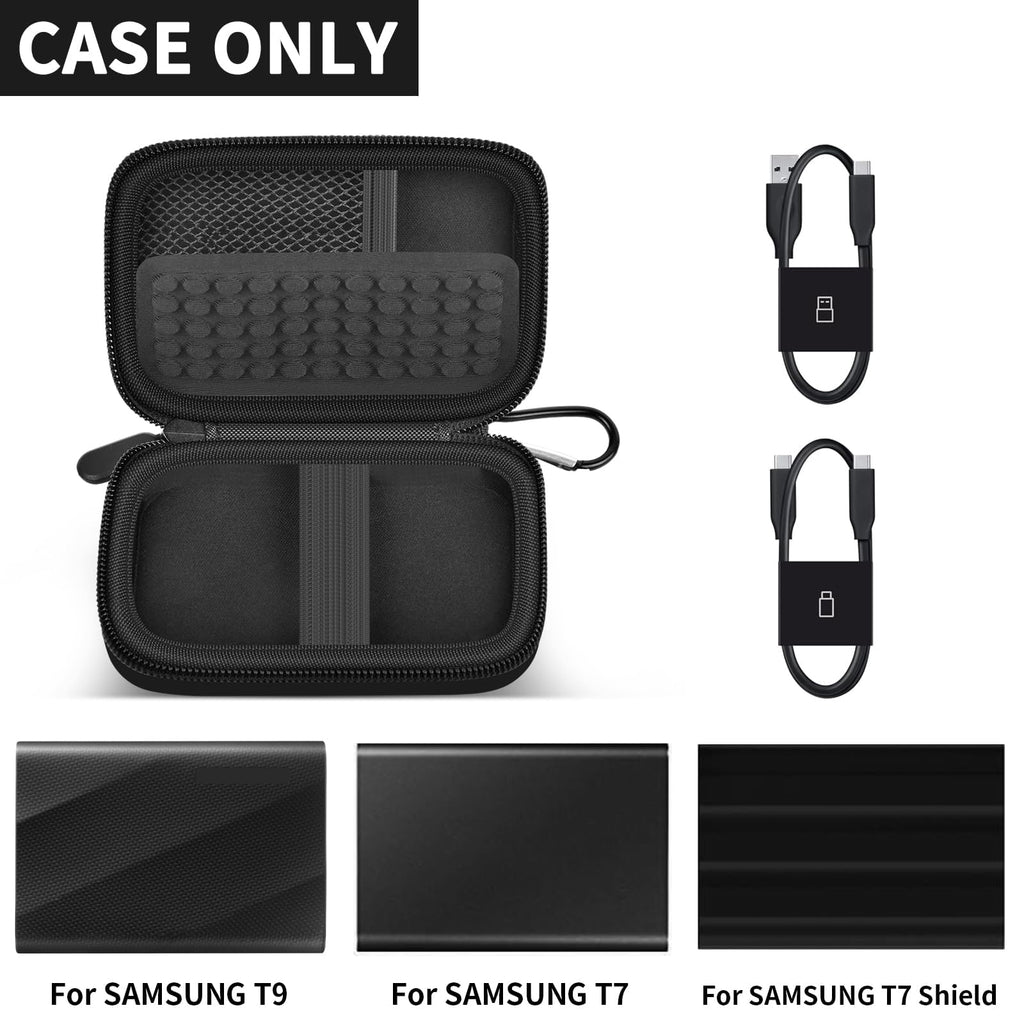Open black for Samsung T7 and T9 portable SSD case with mesh pocket and elastic straps; case only