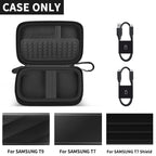 Open black for Samsung T7 and T9 portable SSD case with mesh pocket and elastic straps; case only