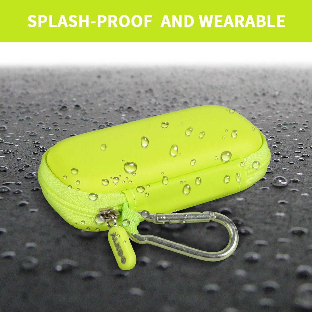 Neon green USB flash drive and SD card storage case splash-resistant exterior demonstration