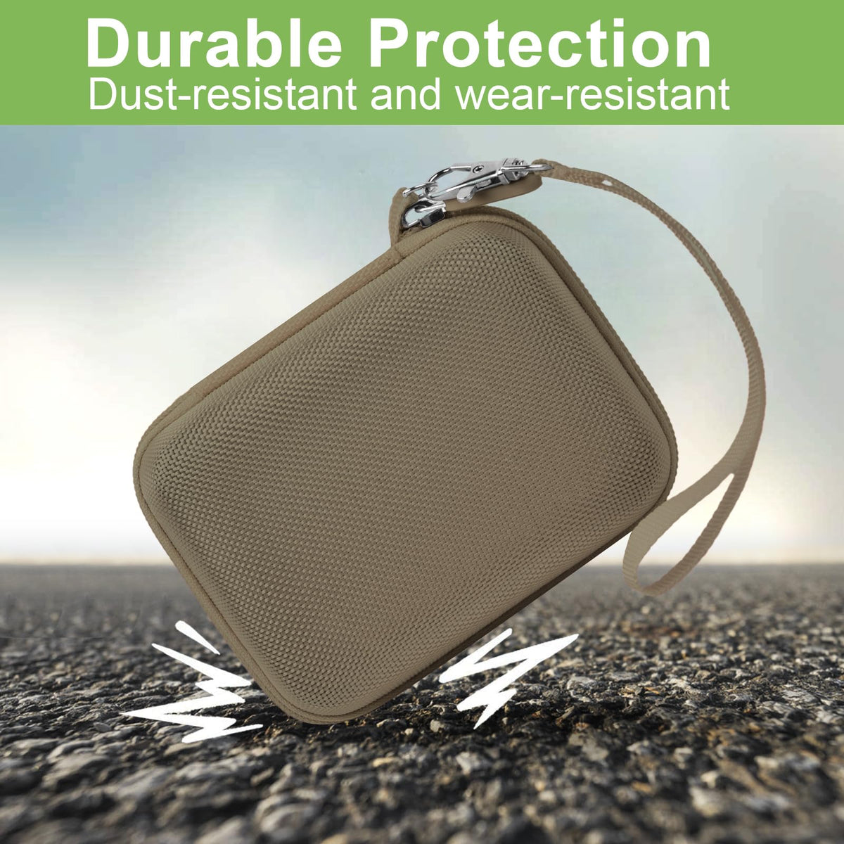Khaki protective digital camera case dust- and wear-resistant protection demonstration