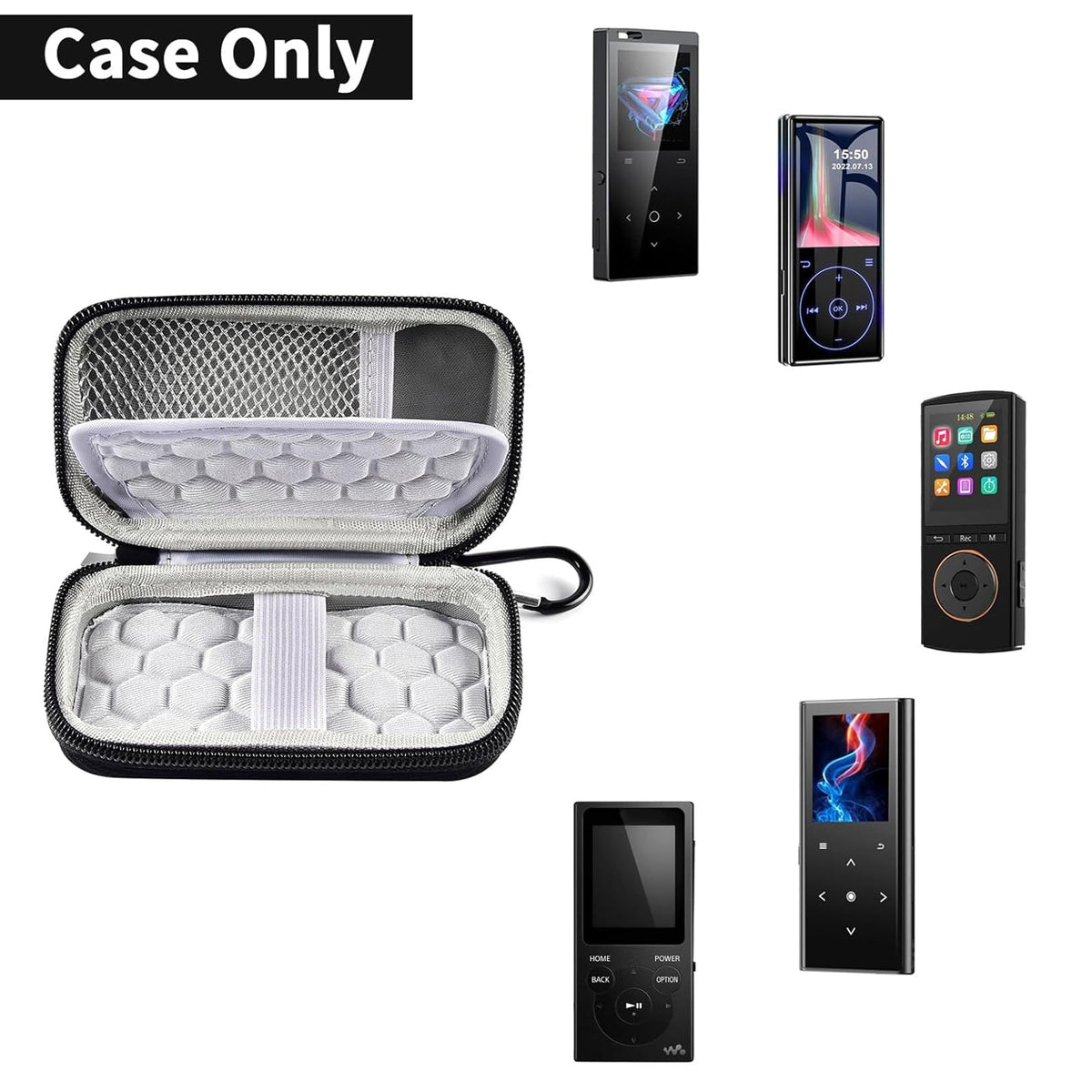 Open black MP3 and MP4 player case shown with compatible music players; case only