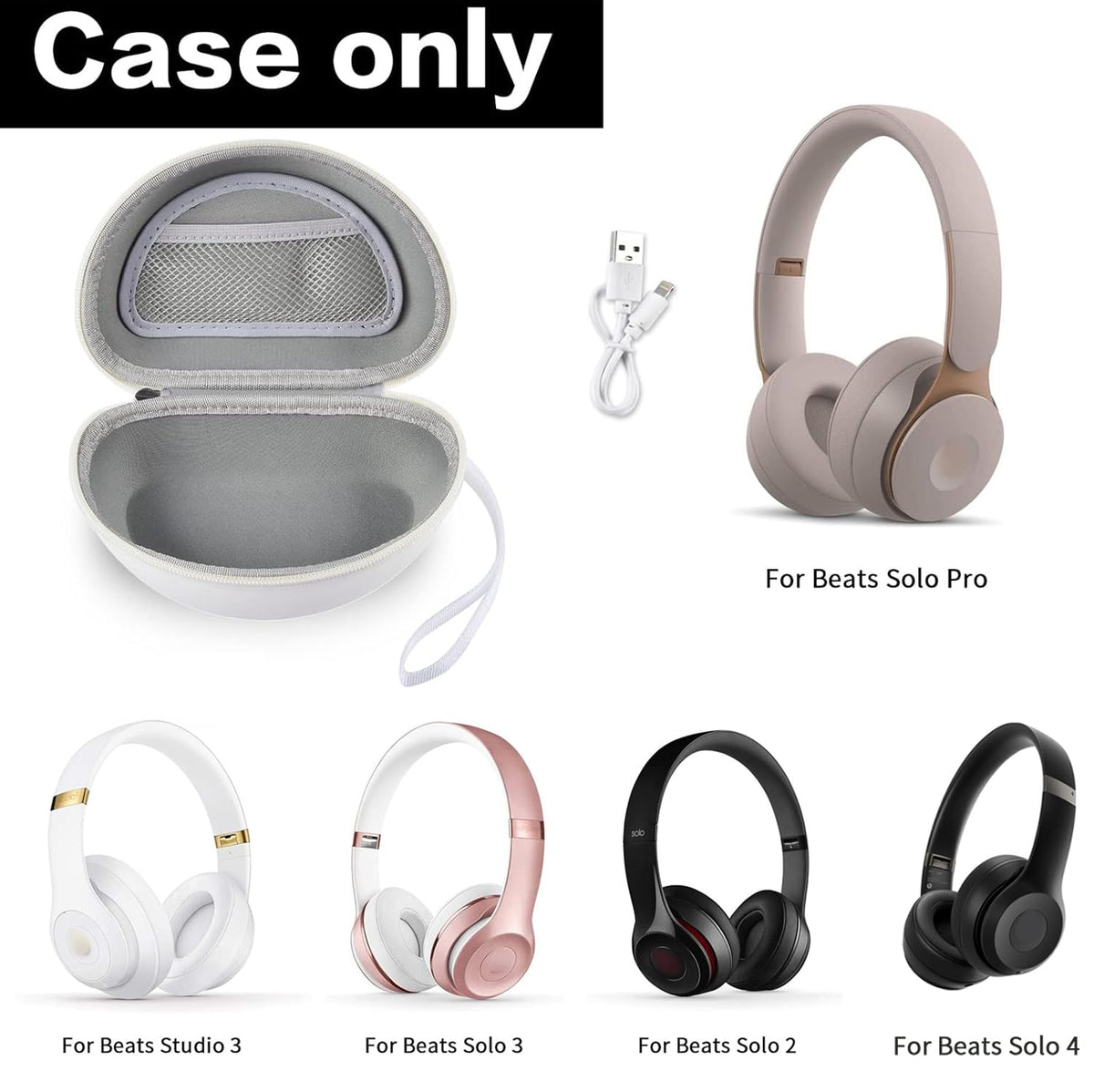 Open white foldable headphone case shown with compatible for Beats Solo and Studio headphones; case only