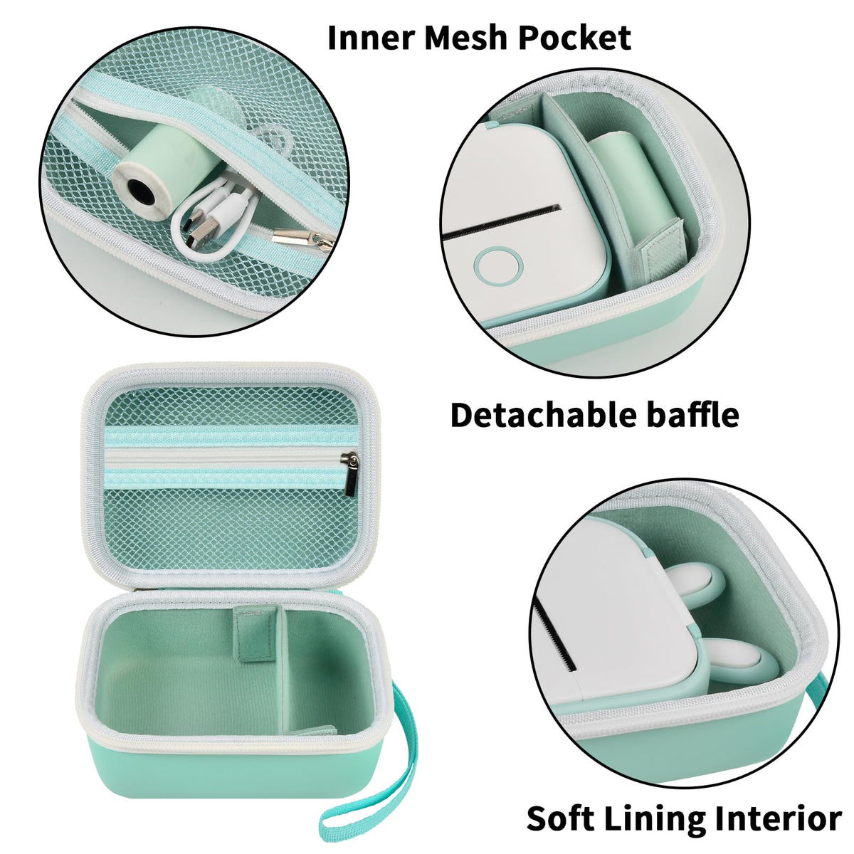 Mint green label maker case interior with mesh pocket, removable divider, and soft lining