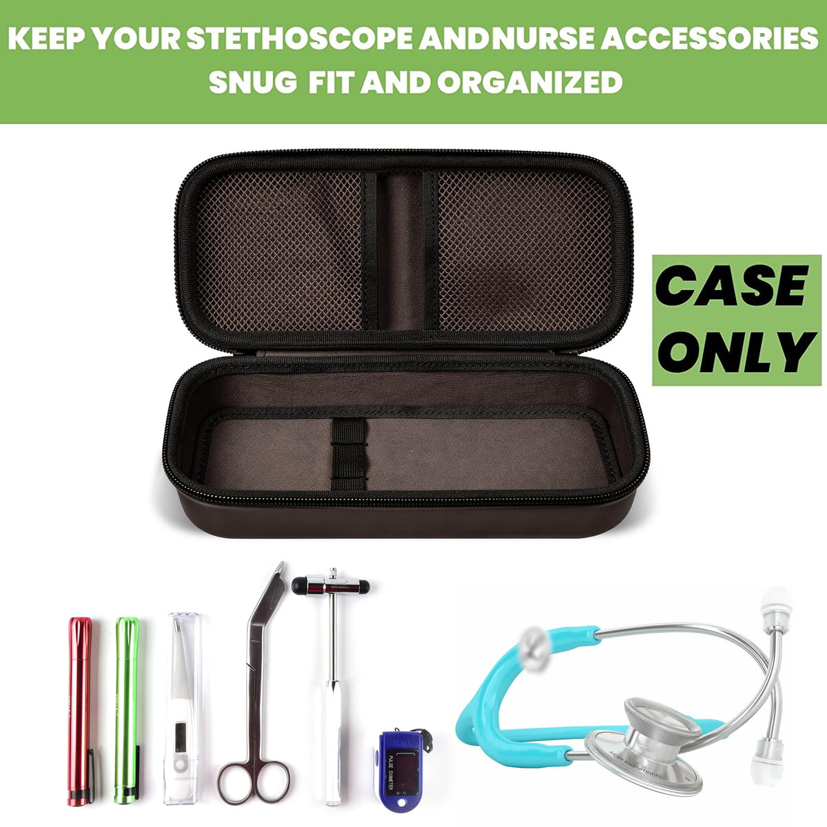 Open brown hard stethoscope case with organized compartments for medical accessories