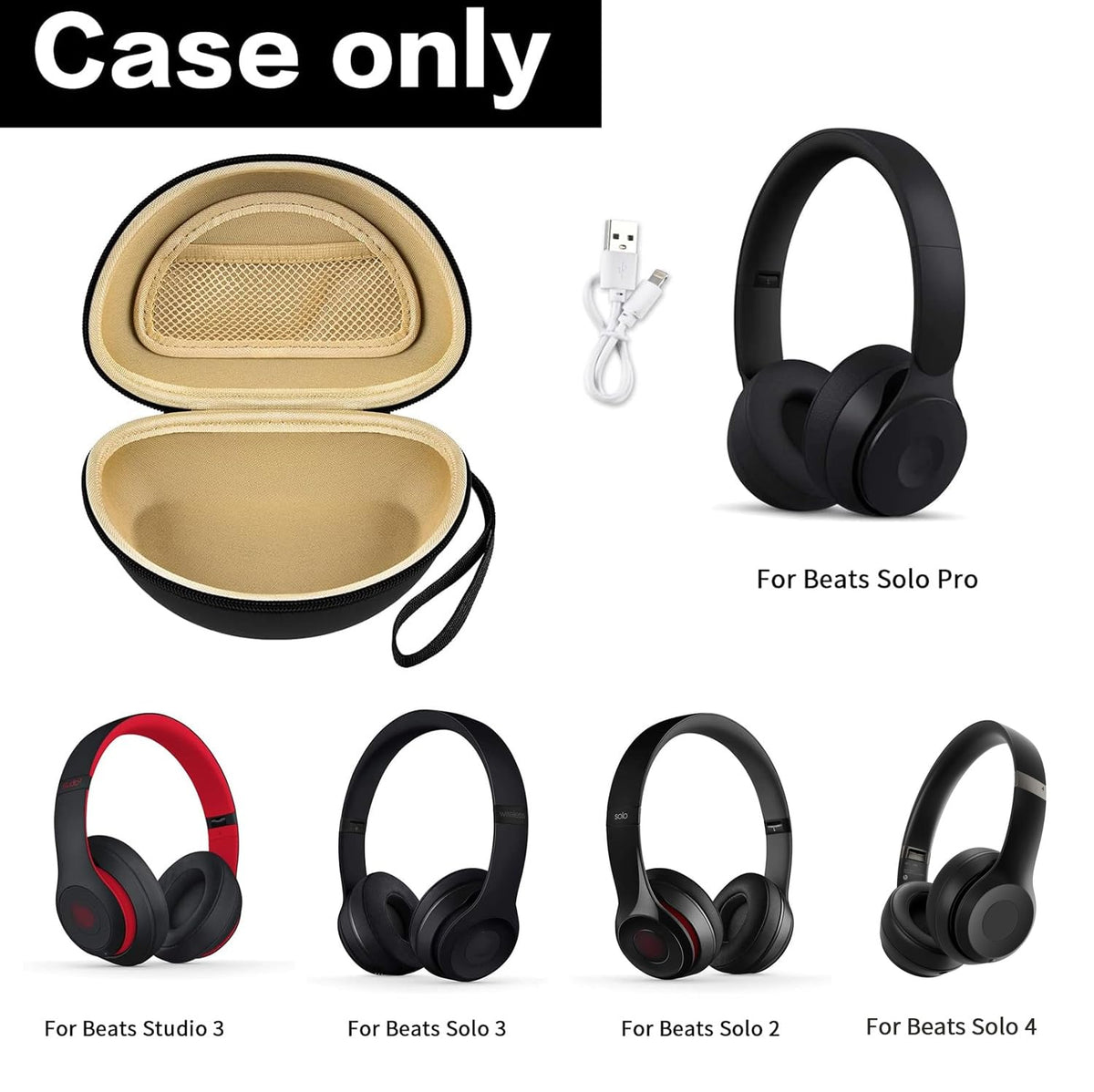 Open beige and black foldable headphone case shown with compatible for Beats Solo and Studio headphones; case only