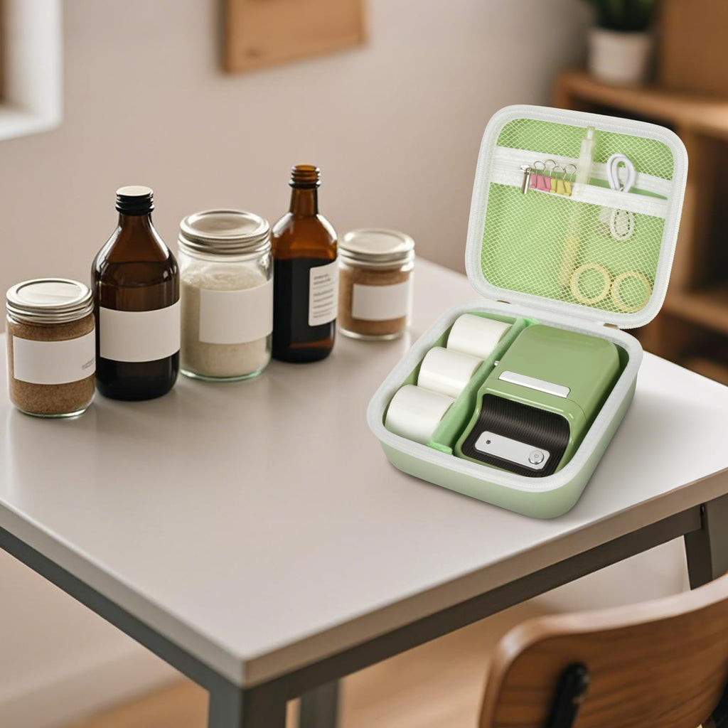 Open light green for NIIMBOT label maker organizer beside bottles and jars