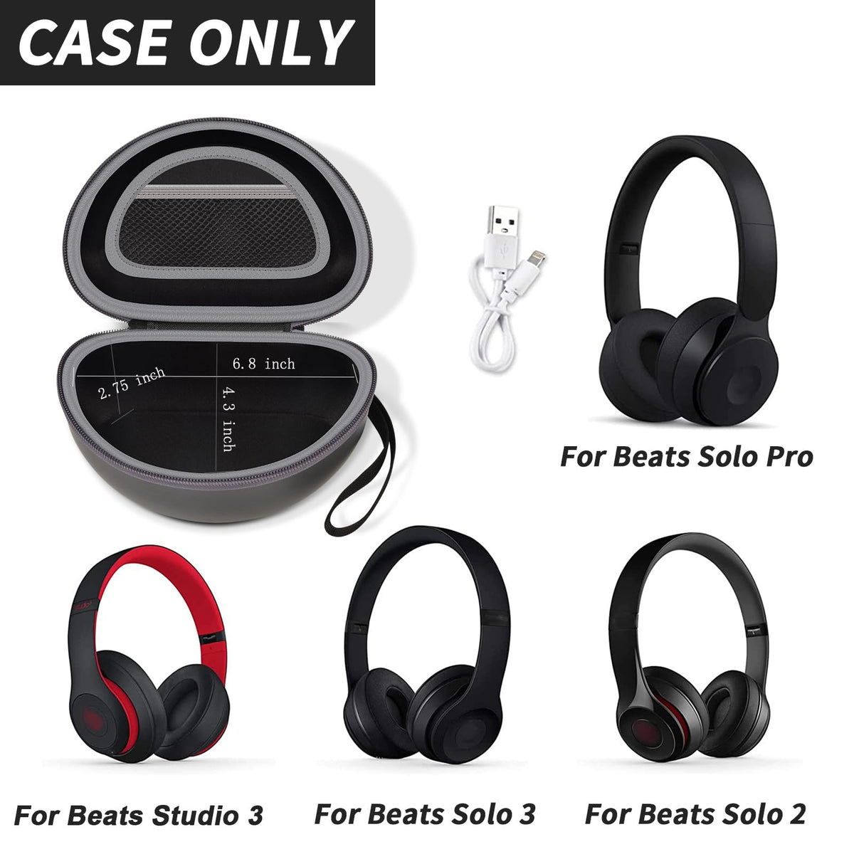 Open black foldable headphone case shown with compatible for Beats Solo and Studio headphones; case only