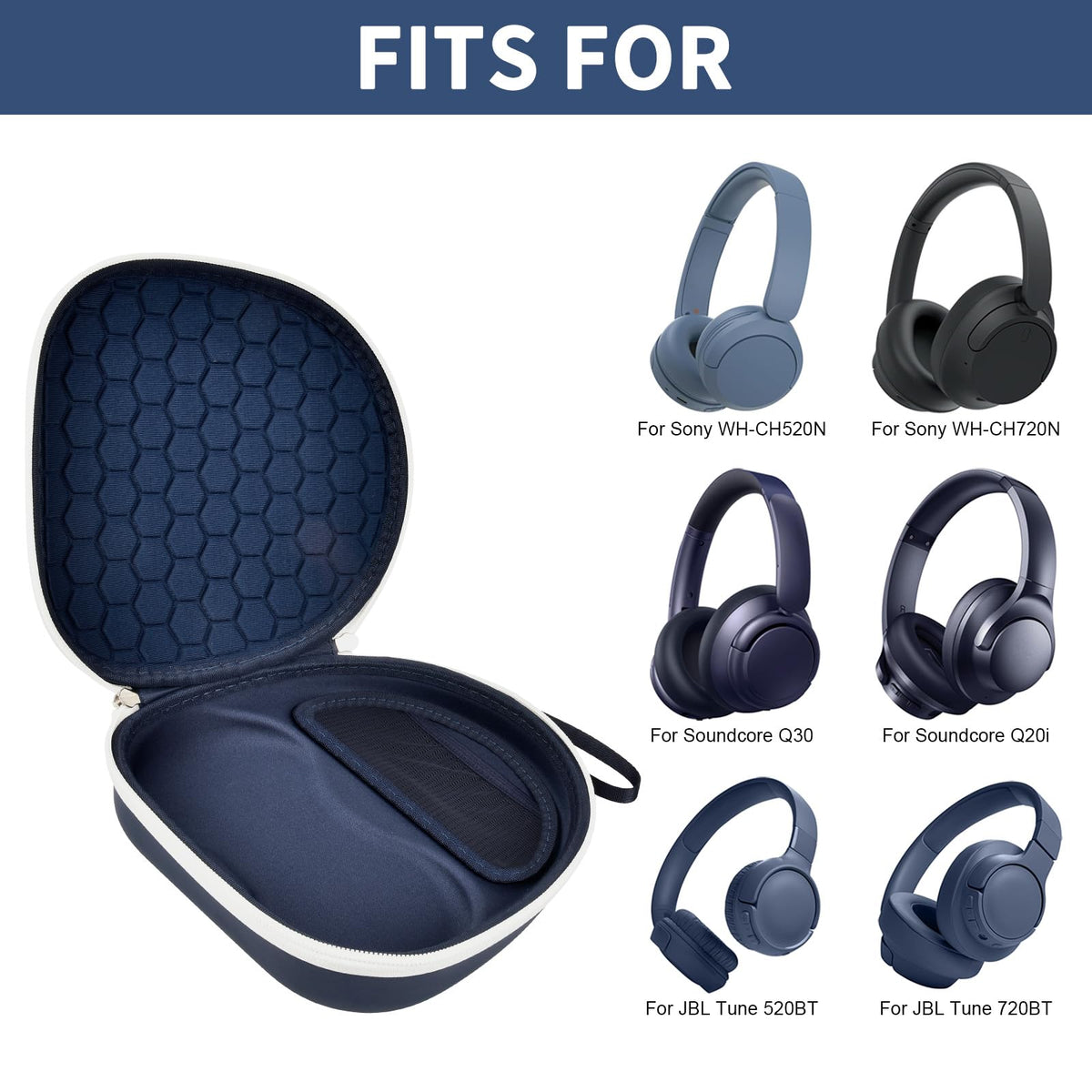 Open navy blue headphone case shown with compatible for Sony and for JBL over-ear headphones