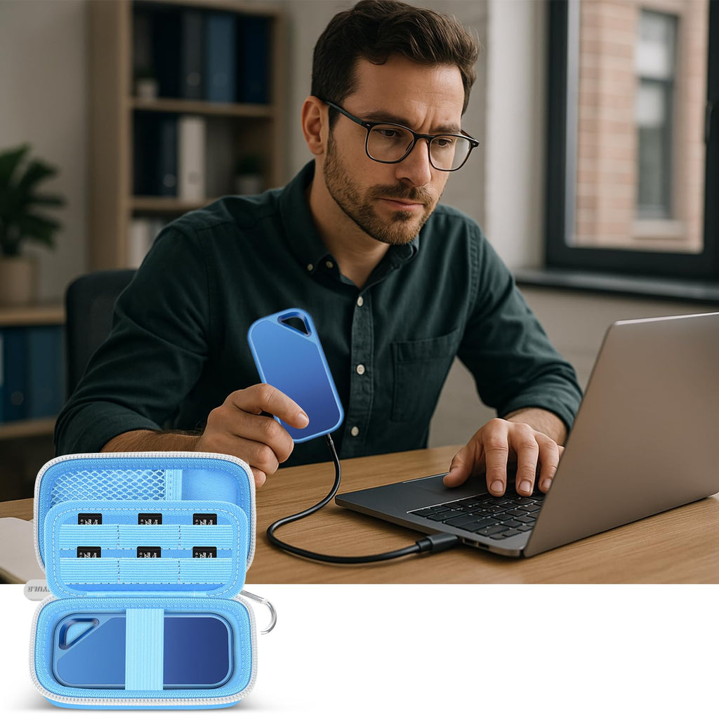 Man using a for SanDisk portable SSD beside the open blue organizer and laptop