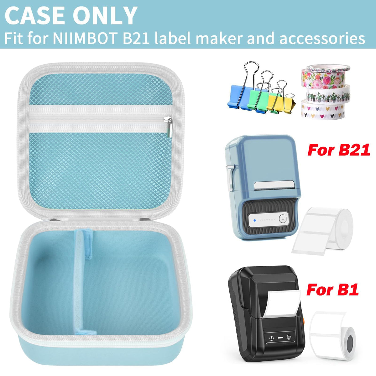 Open light blue for NIIMBOT B21 and B1 label maker case with mesh pocket and divided interior; case only