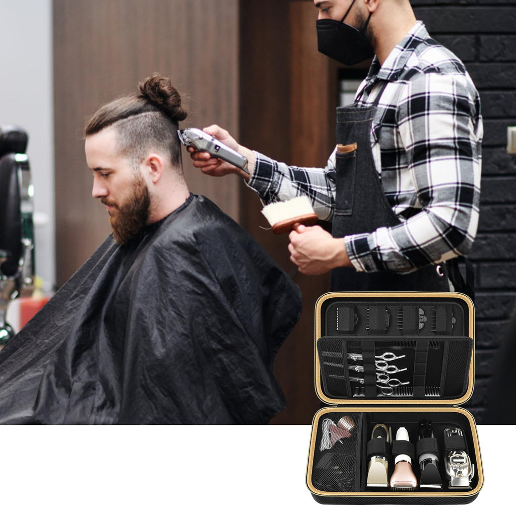 Barber using clippers beside an open black grooming tool organizer case