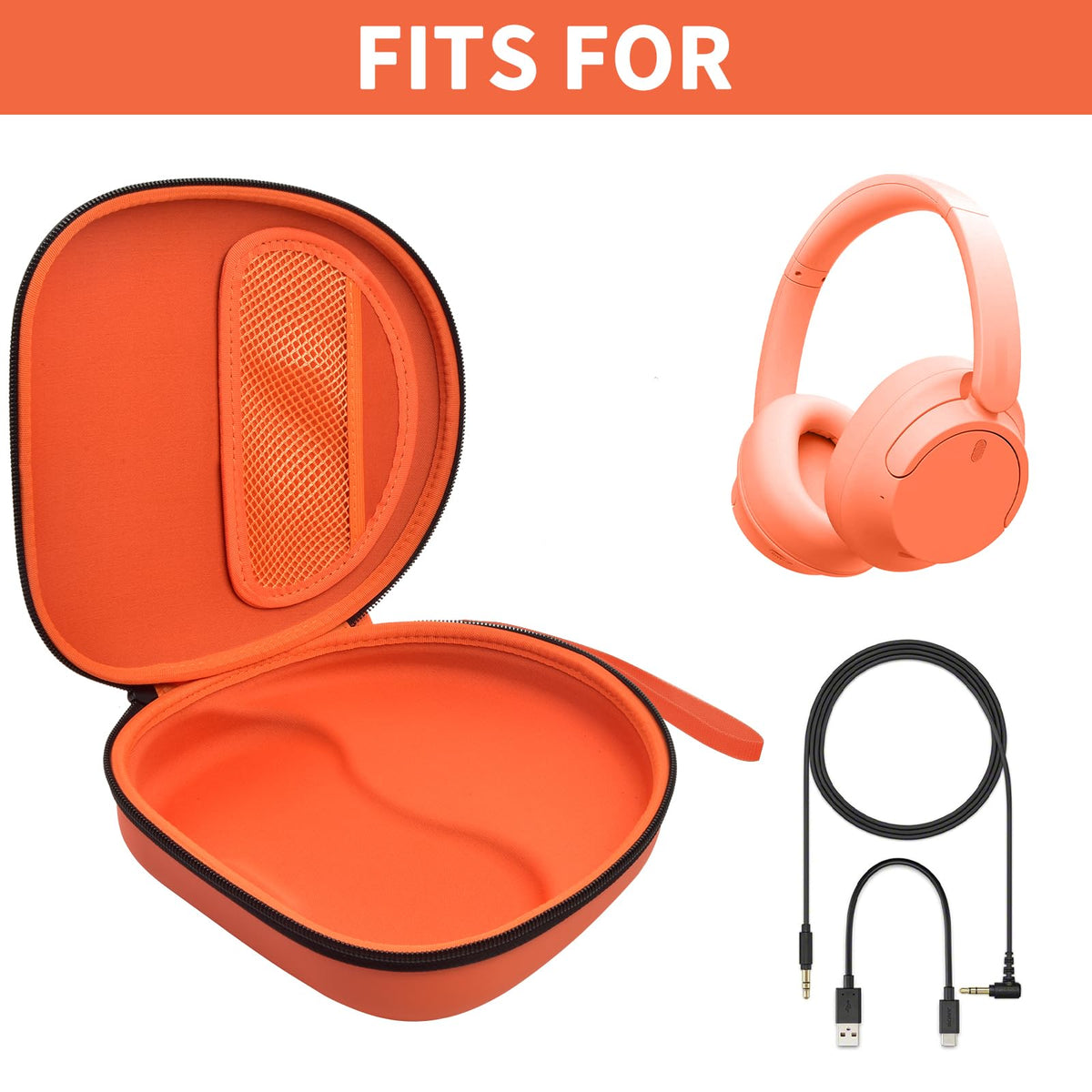 Open orange headphone case shown with compatible for Sony and for JBL over-ear headphones