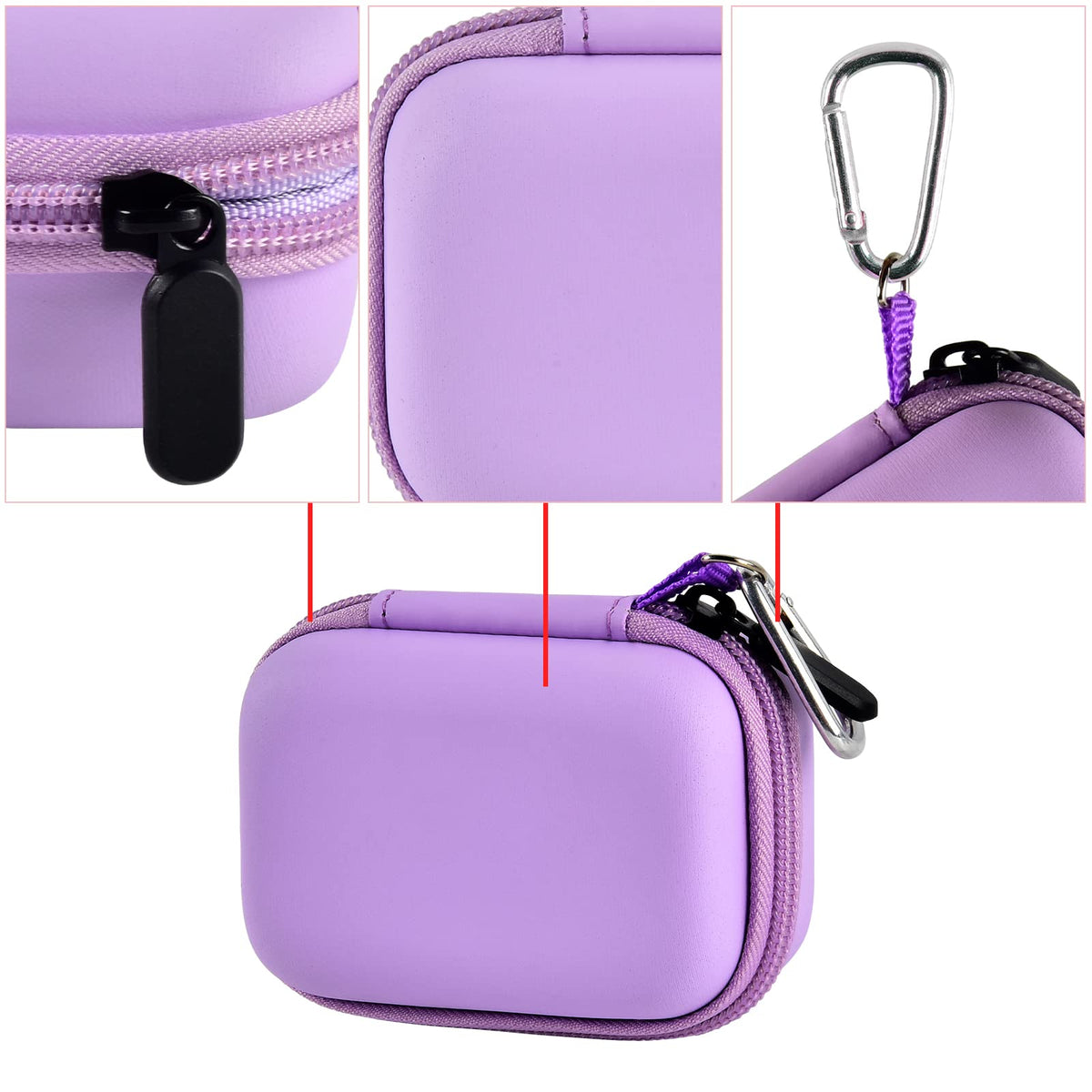 Purple mini power bank case with protective shell, zipper, and carabiner details