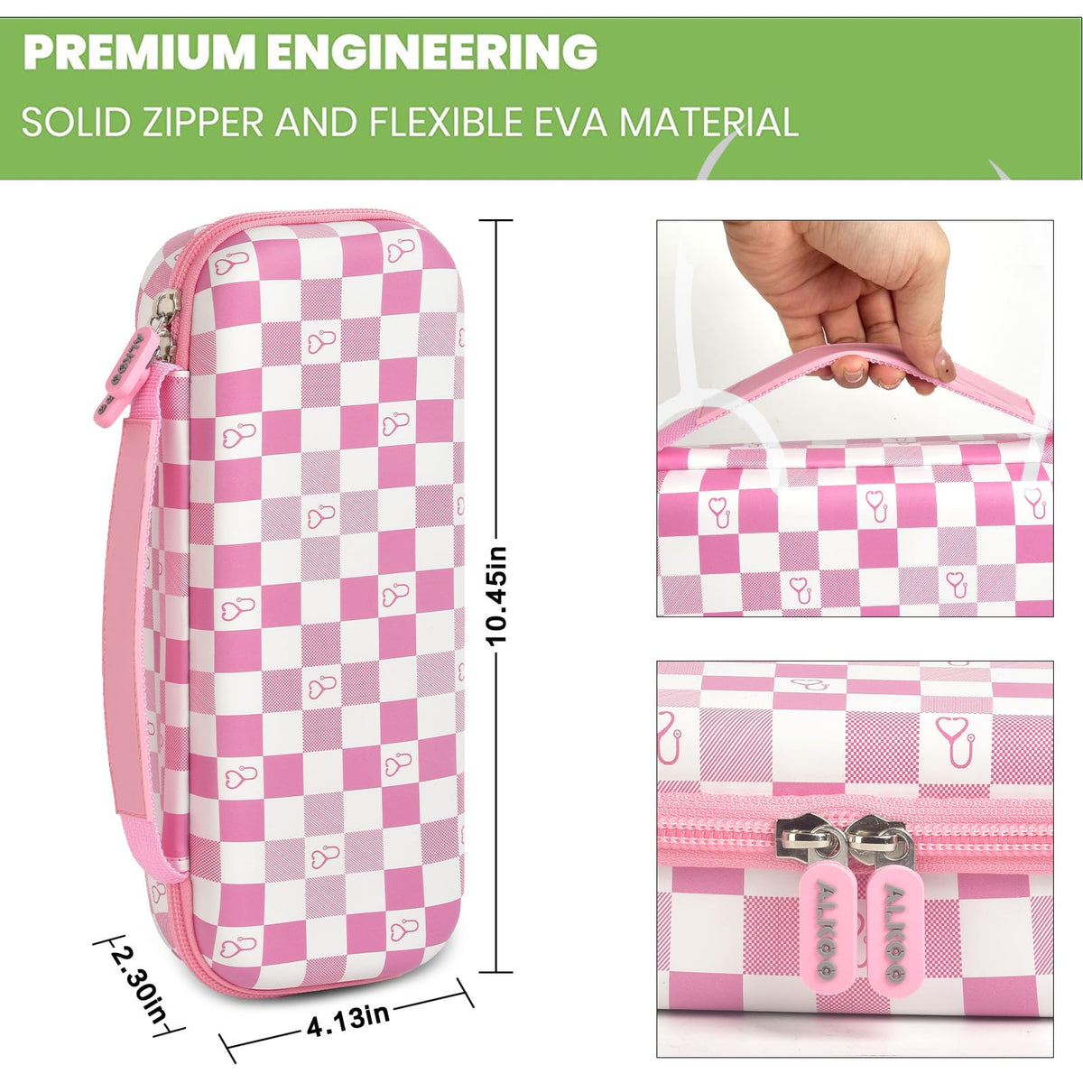 pink checkered hard stethoscope case dimensions, carry handle and dual zipper details