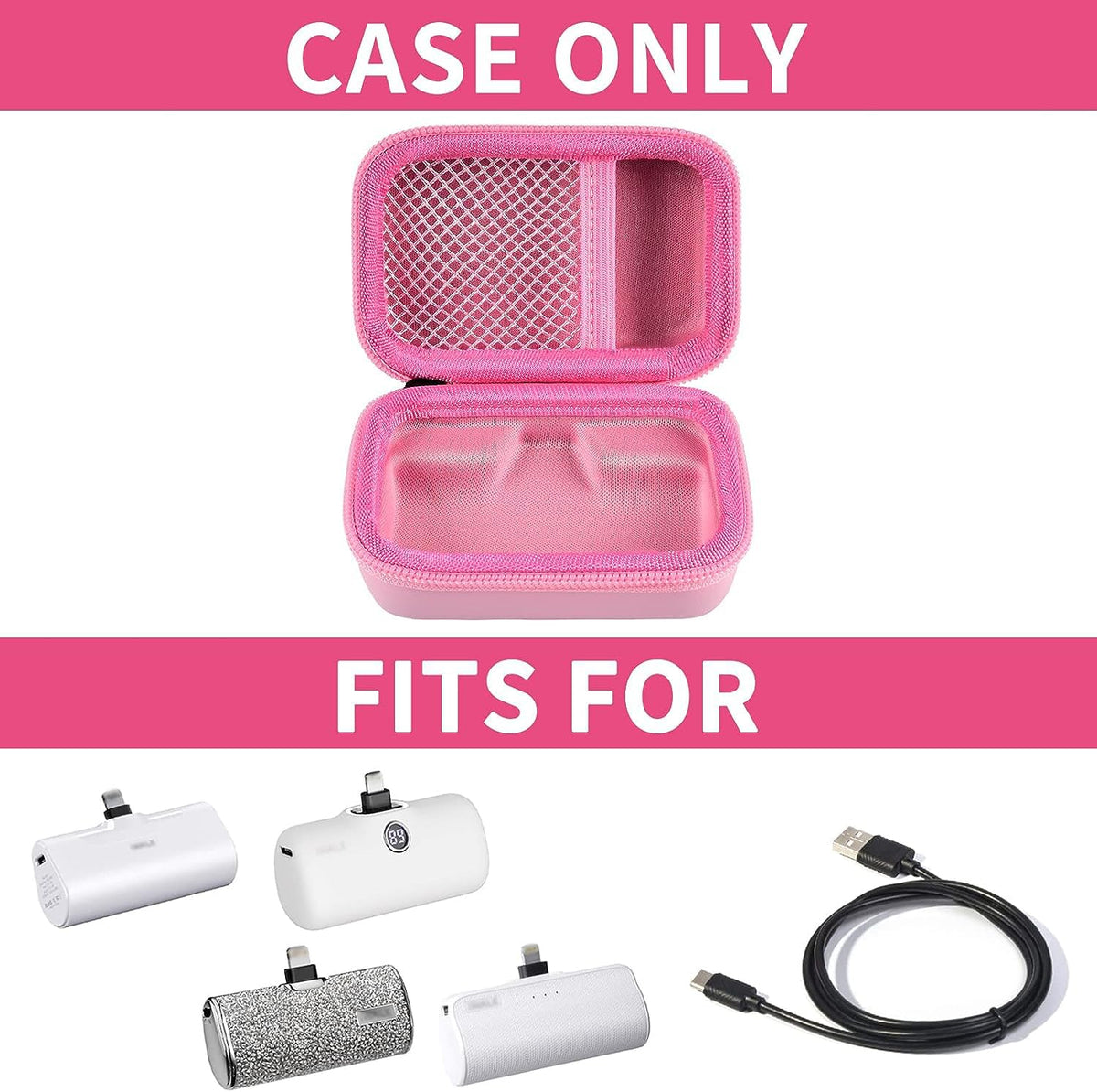 Open pink mini power bank case shown with compatible portable chargers; case only