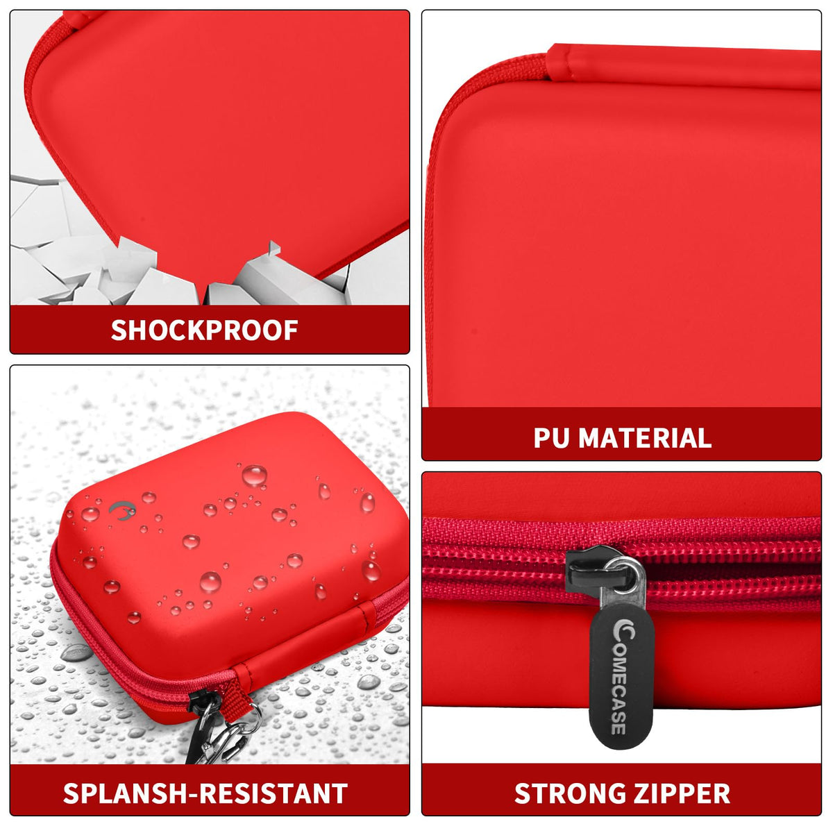 Red camera case with shockproof PU shell, splash resistance, and strong zipper