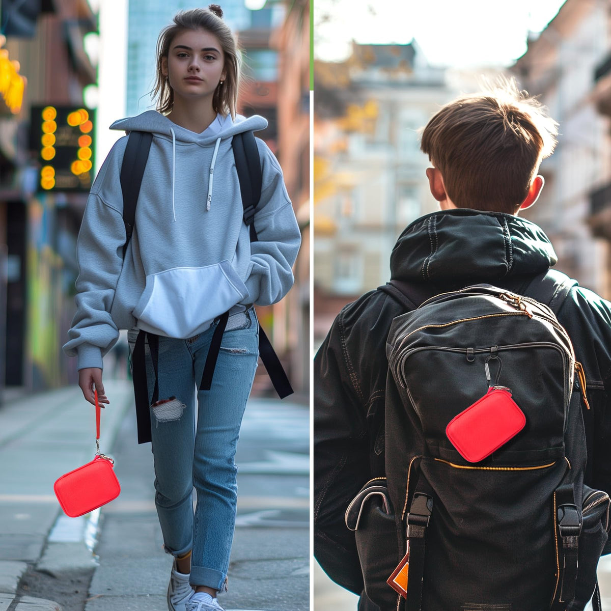 Red for JBL Go speaker case carried by hand and attached to a backpack
