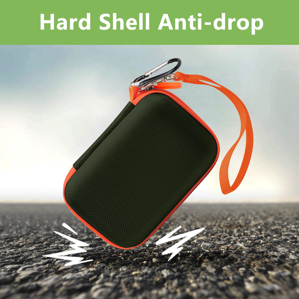 Dark green and orange hard-shell for JBL Go speaker case demonstrating anti-drop protection
