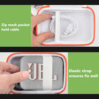 White and orange speaker case interior with mesh cable pocket and elastic strap holding a for JBL Go speaker