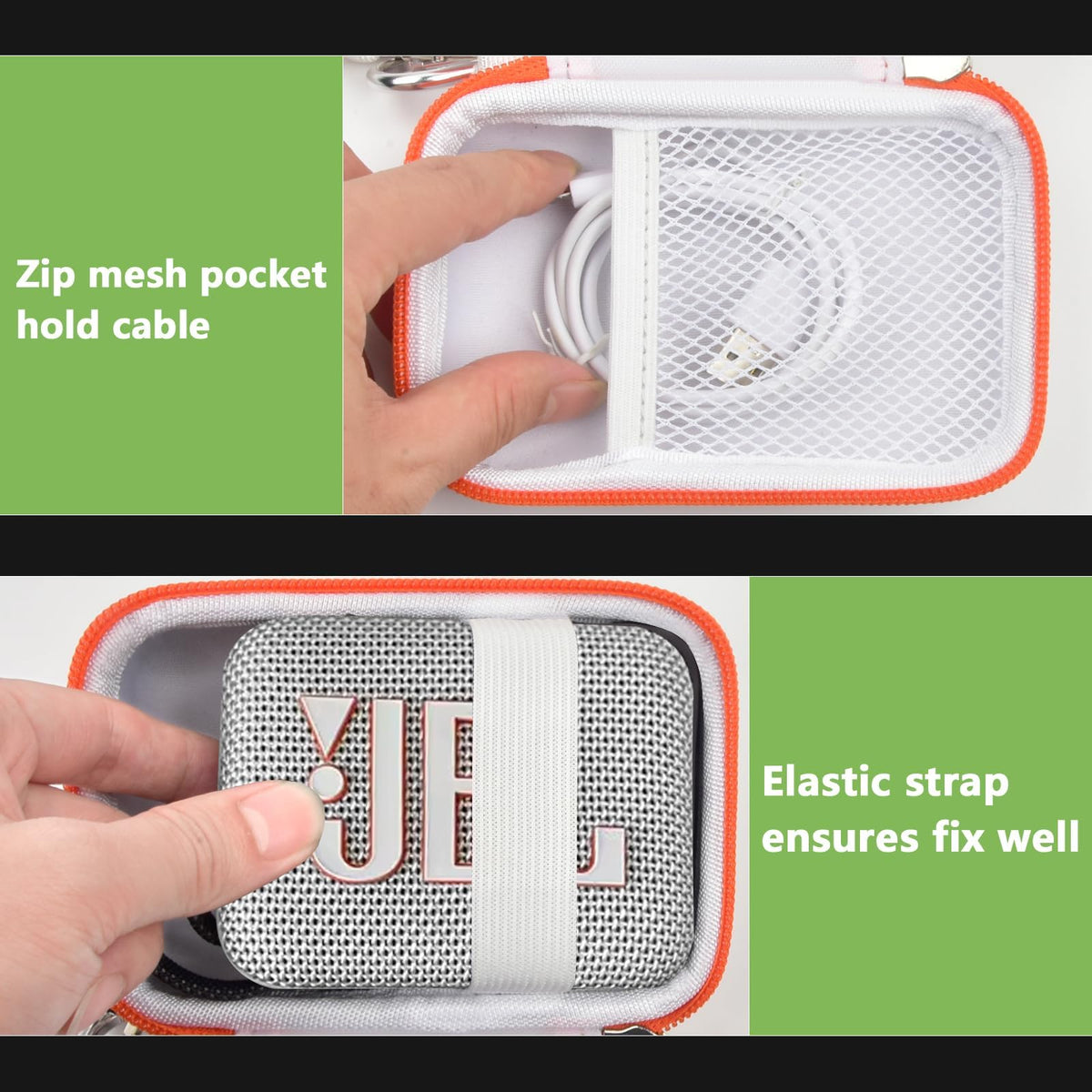 White and orange speaker case interior with mesh cable pocket and elastic strap holding a for JBL Go speaker
