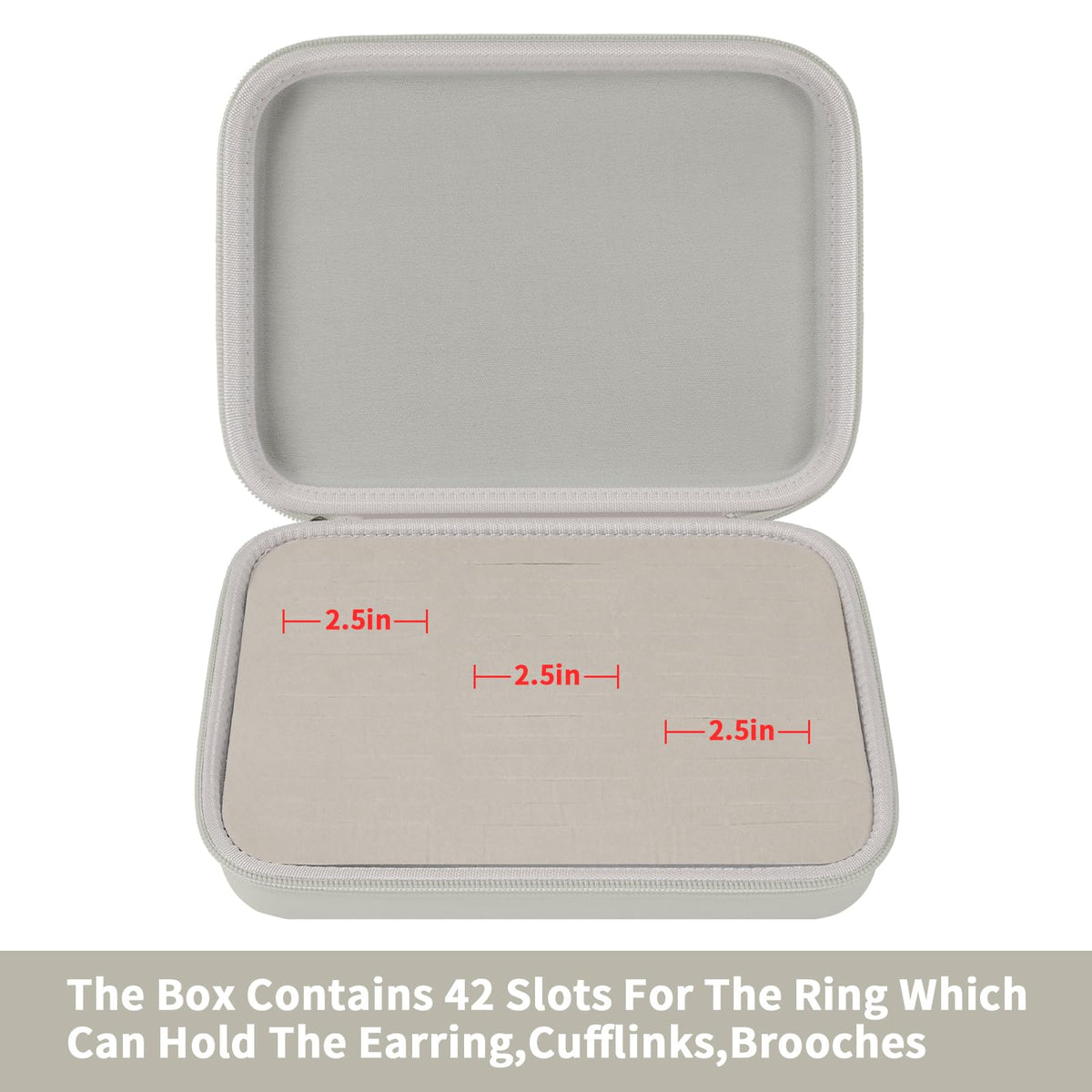Open ivory jewelry organizer showing 42 padded slots for rings and small accessories