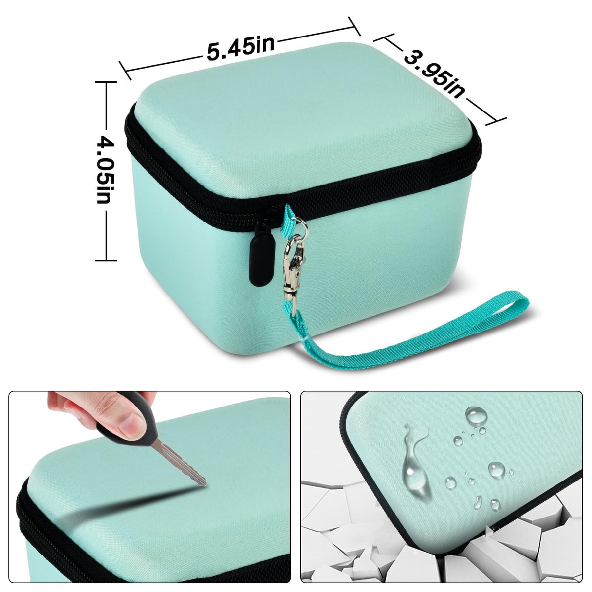Mint green camera case dimensions with scratch, impact, and water-resistant protection
