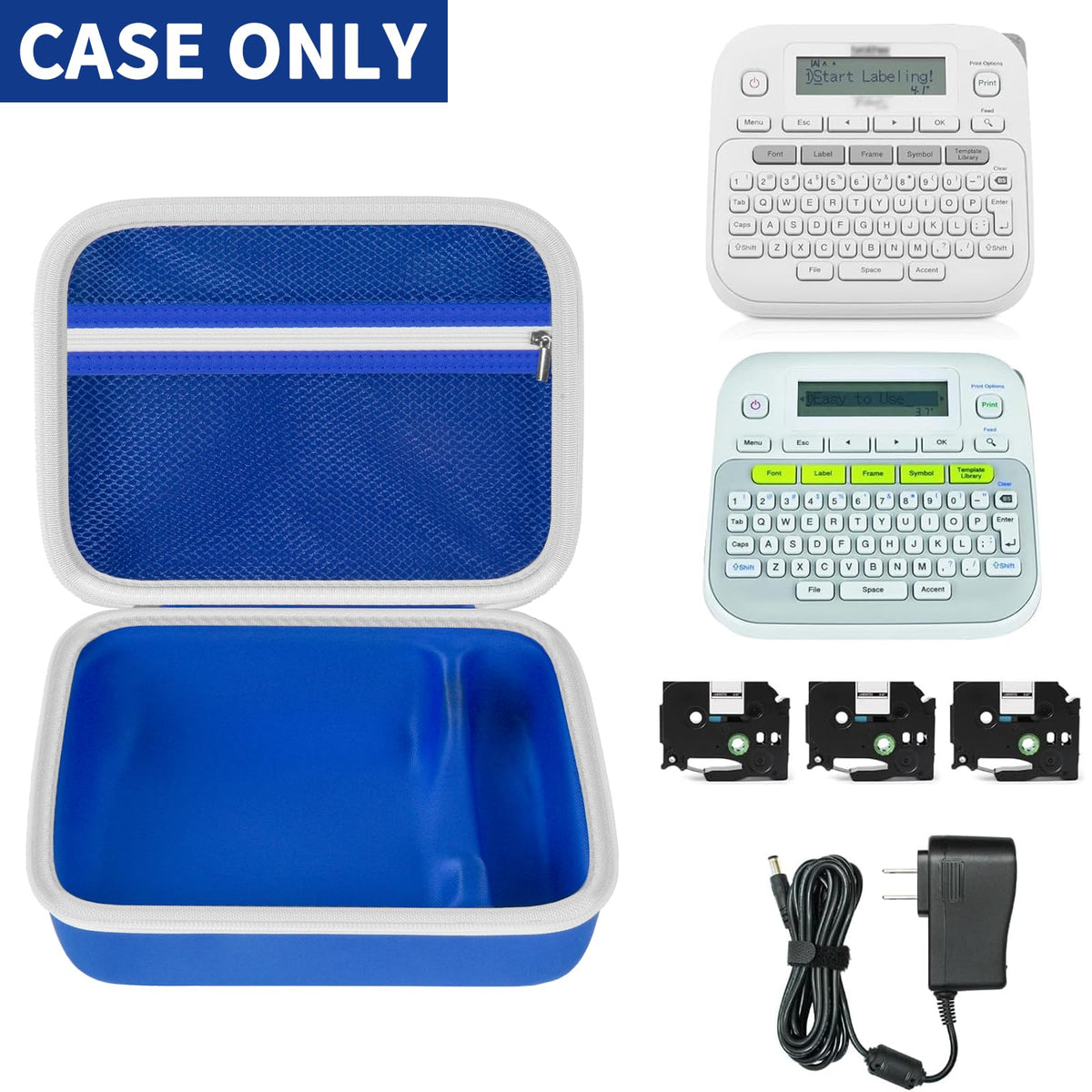 Open blue and white for P-touch label maker case with mesh pocket; case only