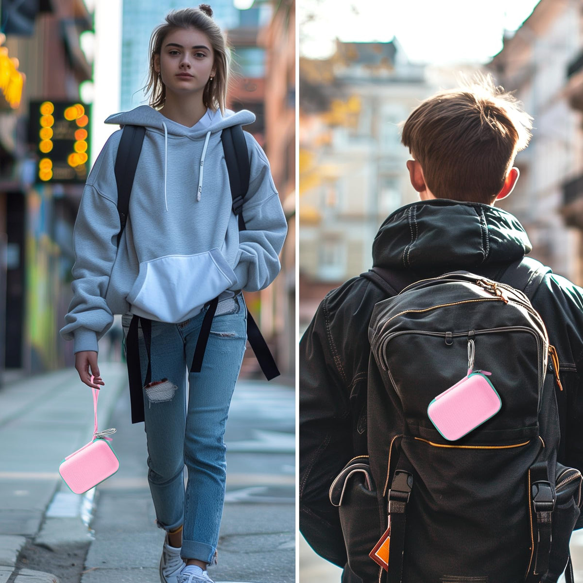 Pink and mint green for JBL Go speaker case carried by hand and attached to a backpack