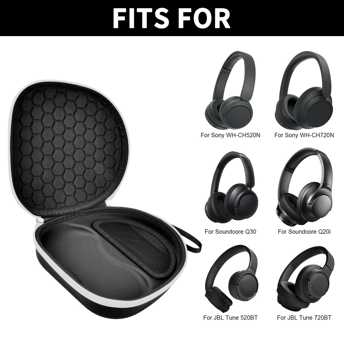 Open black headphone case shown with compatible for Sony and for JBL over-ear headphones