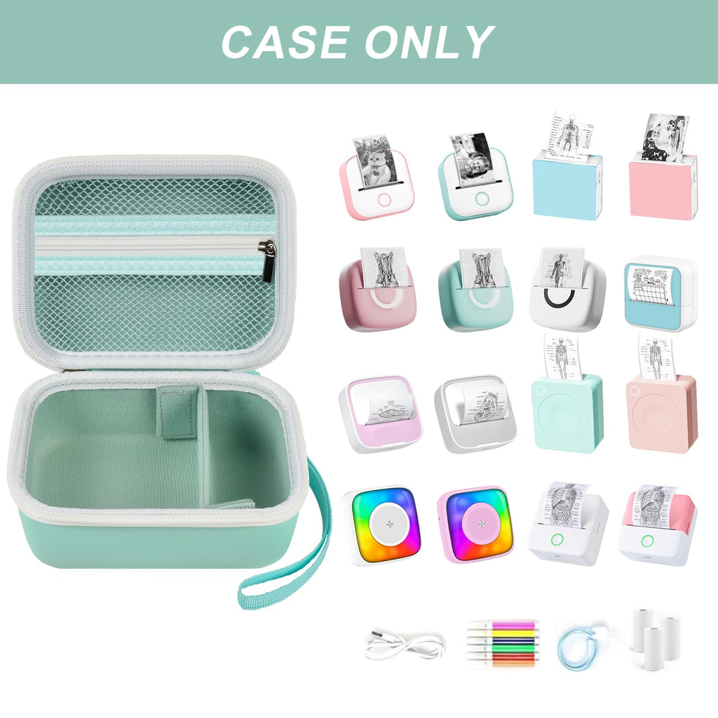 Open mint green mini label printer case shown with compatible for Memoking and for Phomemo printers; case only