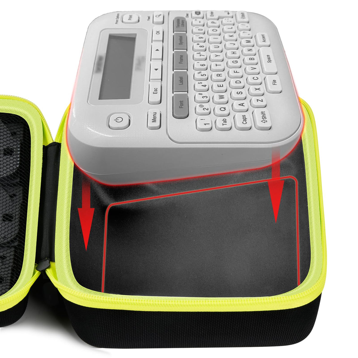 for P-touch label maker fitted inside the black and neon yellow carrying case