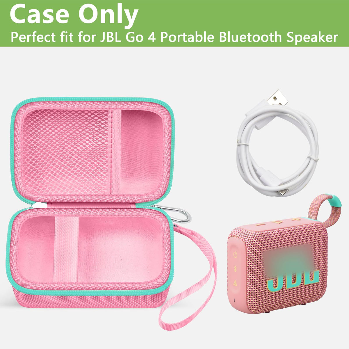 Open pink and mint green for JBL Go speaker case with mesh cable pocket and elastic retaining strap; case only