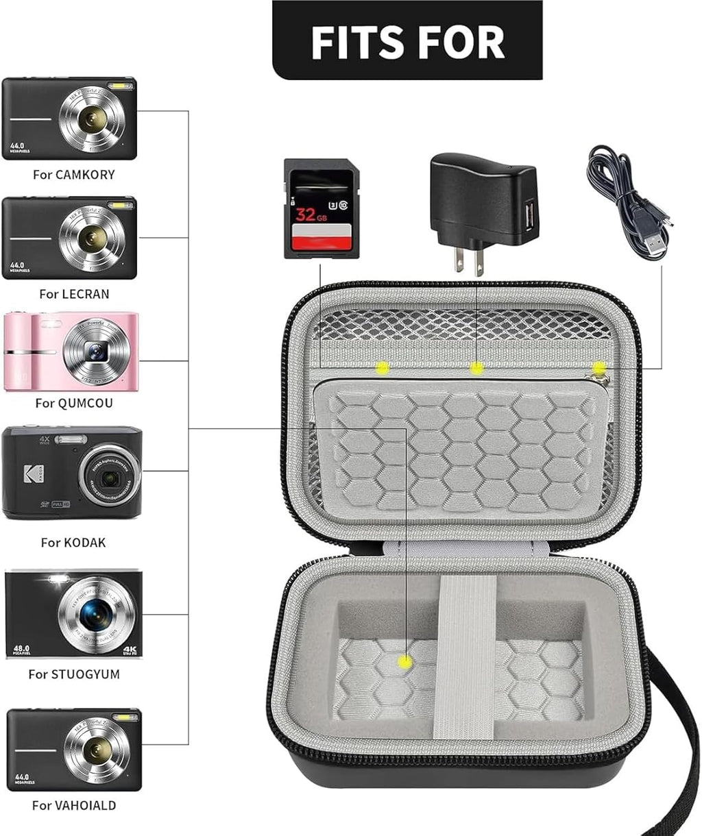 Open black and gray compact camera case shown with compatible for Kodak, for Canon, and for Sony cameras