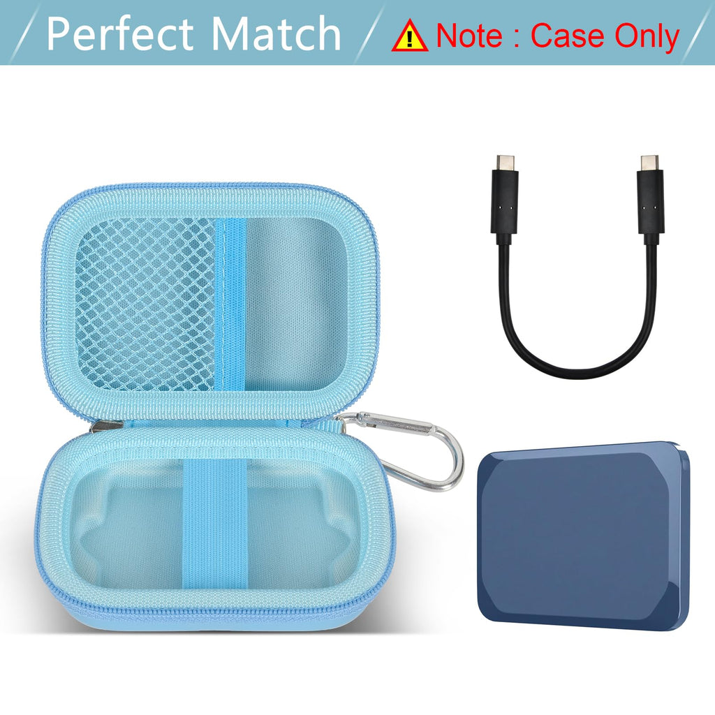 Open light blue for Crucial X9 and X10 portable SSD case with mesh cable pocket and elastic strap; case only