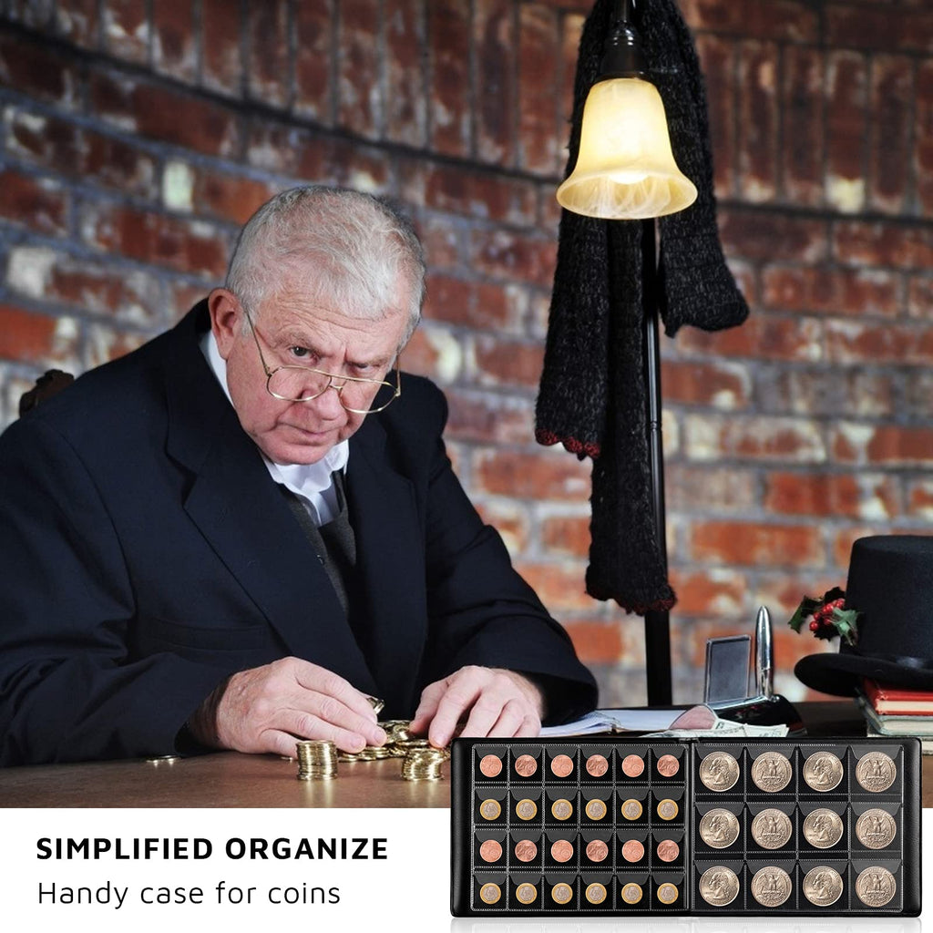 Coin collector organizing coins in the open navy 300-pocket album