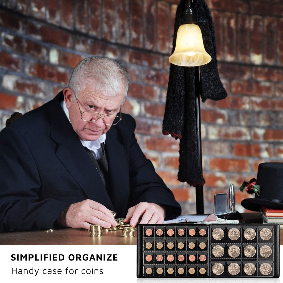 Coin collector organizing coins in the open navy 300-pocket album