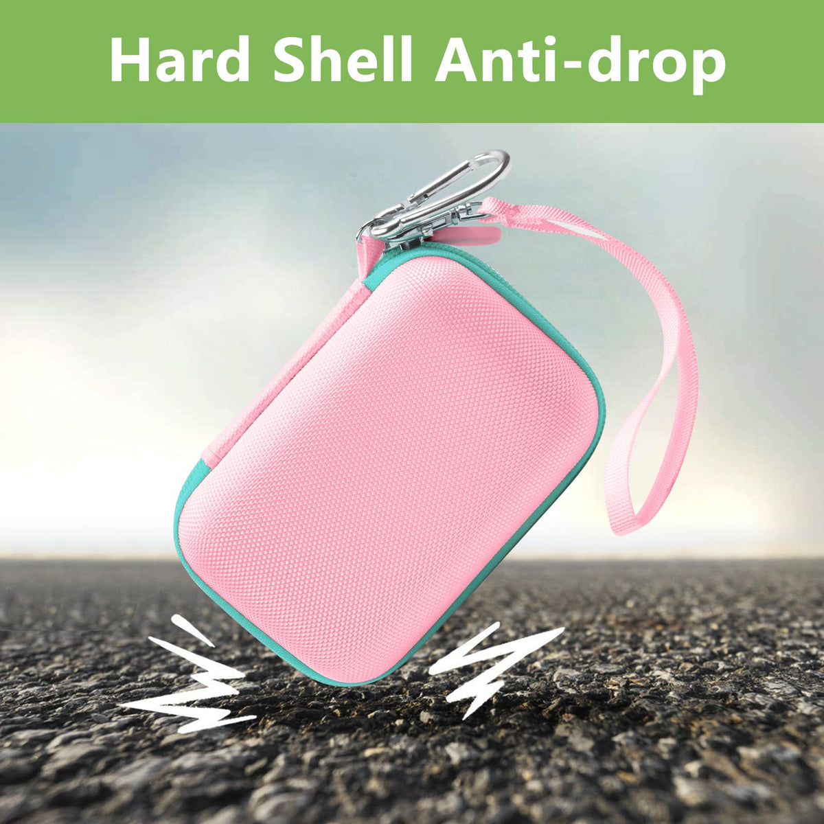 Pink and mint green hard-shell for JBL Go speaker case demonstrating anti-drop protection