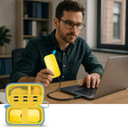 Man using a for SanDisk portable SSD beside the open yellow organizer and laptop