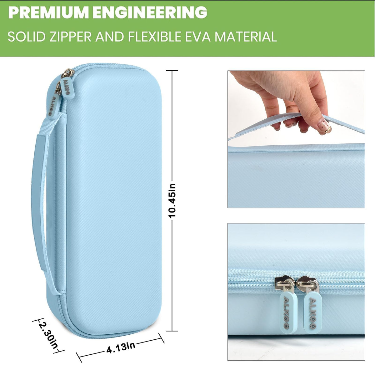 light blue hard stethoscope case dimensions, carry handle and dual zipper details
