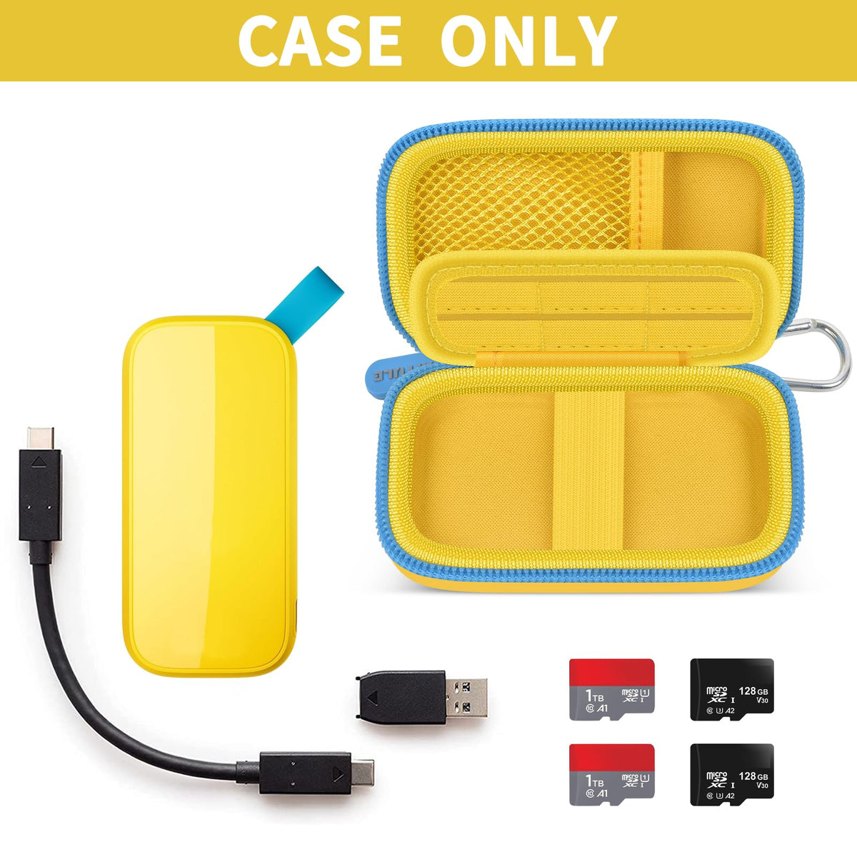 Open yellow and blue for SanDisk SSD case with cable and memory cards; case only