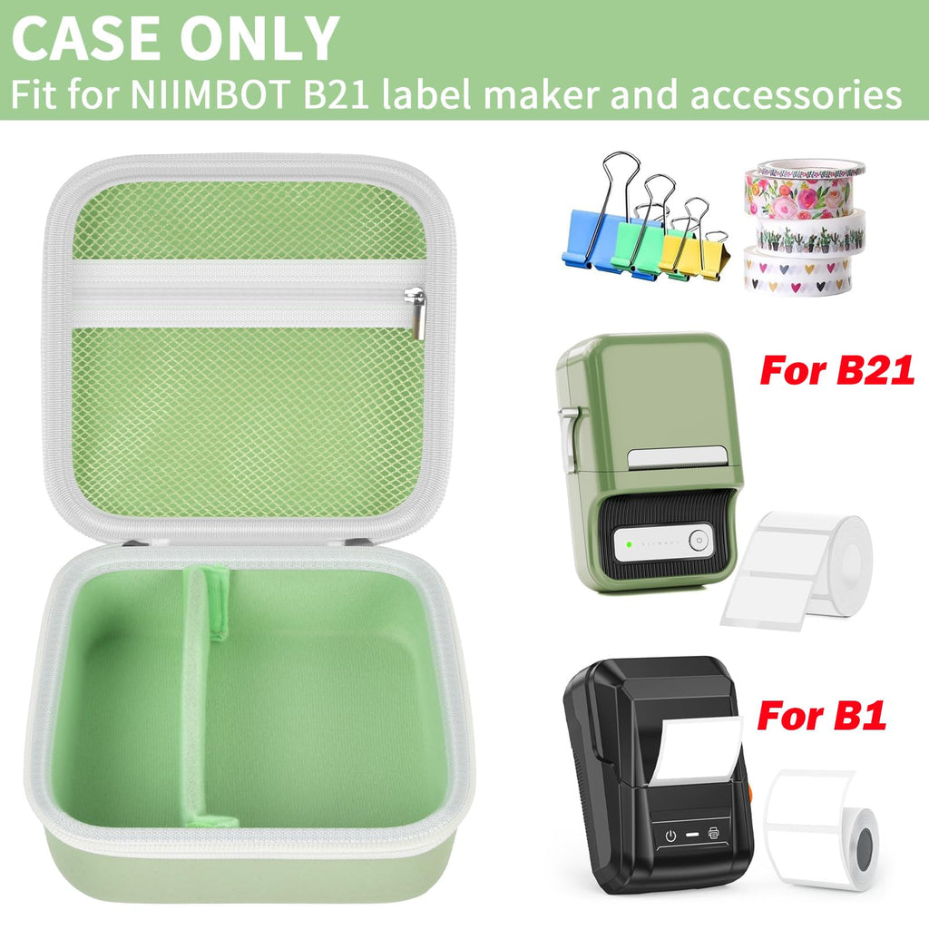 Open light green for NIIMBOT B21 and B1 label maker case with mesh pocket and divided interior; case only