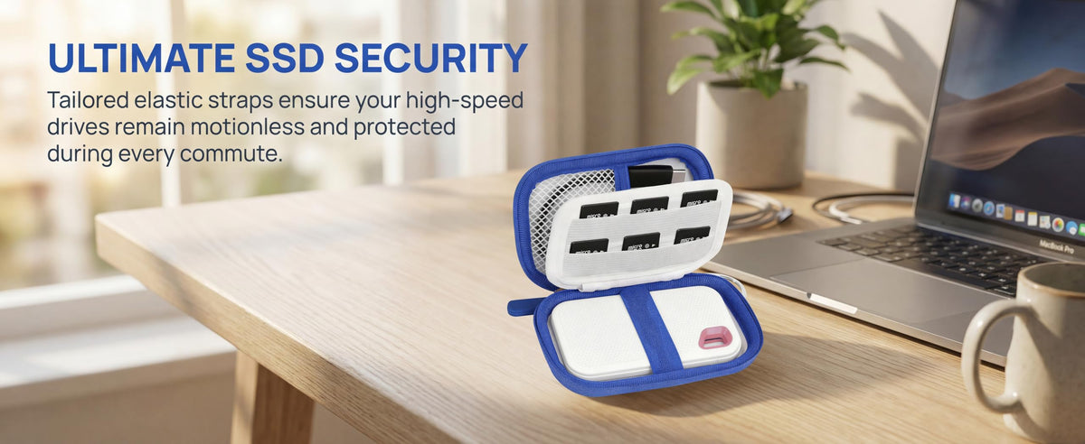 Open white SSD case demonstrating secure storage beside a laptop