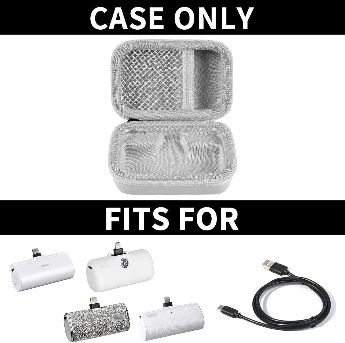 Open gray mini power bank case shown with compatible portable chargers; case only