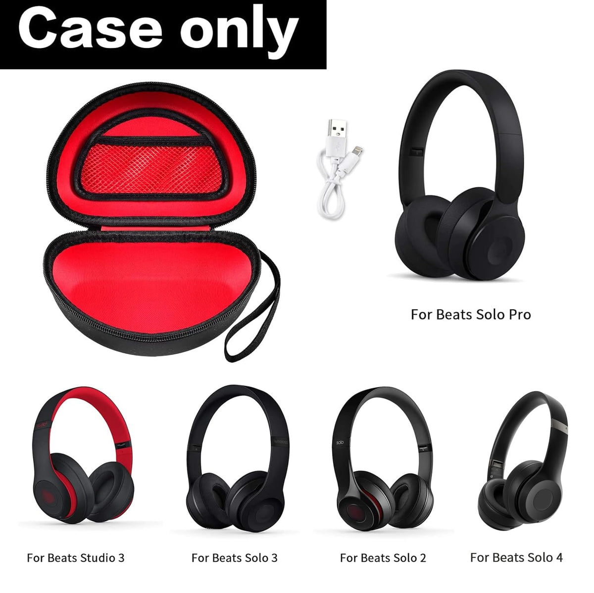 Open black and red foldable headphone case shown with compatible for Beats Solo and Studio headphones; case only
