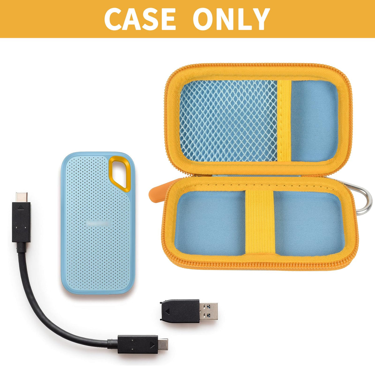 Open blue and yellow for SanDisk SSD case with cable and memory cards; case only