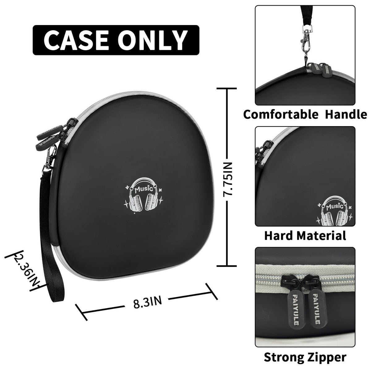 Black hard-shell headphone case dimensions with handle and strong zipper; case only