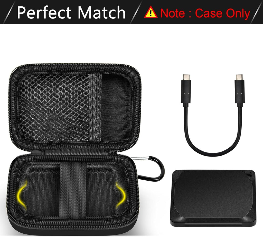 Open black for Crucial X9 and X10 portable SSD case with mesh cable pocket and elastic strap; case only