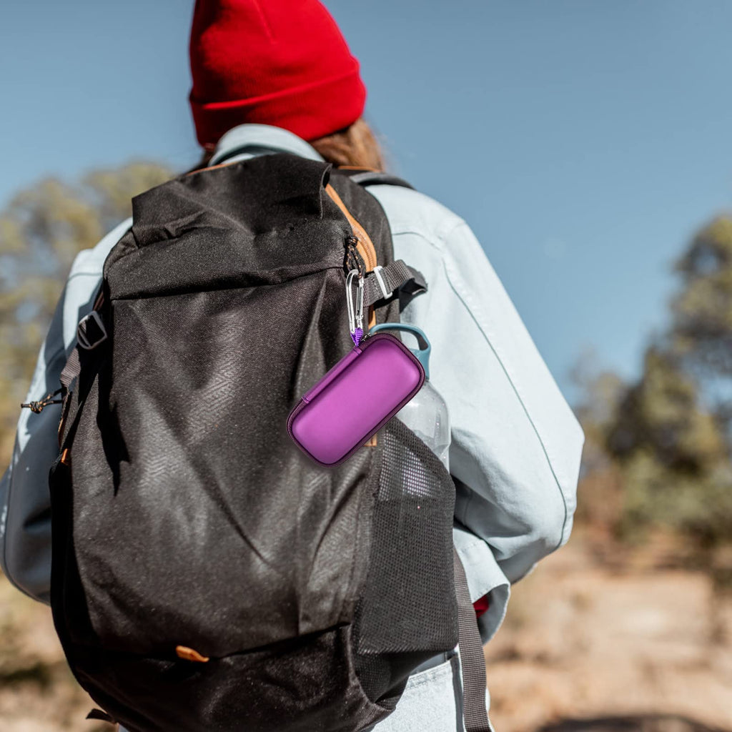 Purple for KardiaMobile case clipped to a hiking backpack